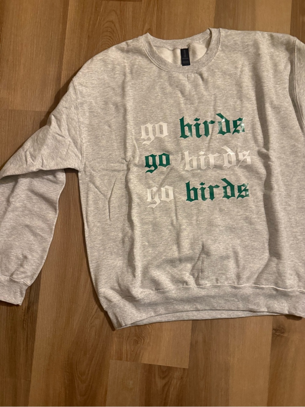 Gildan Light Gray Crewneck Sweatshirt with Green and White 'Go Birds' Graphic